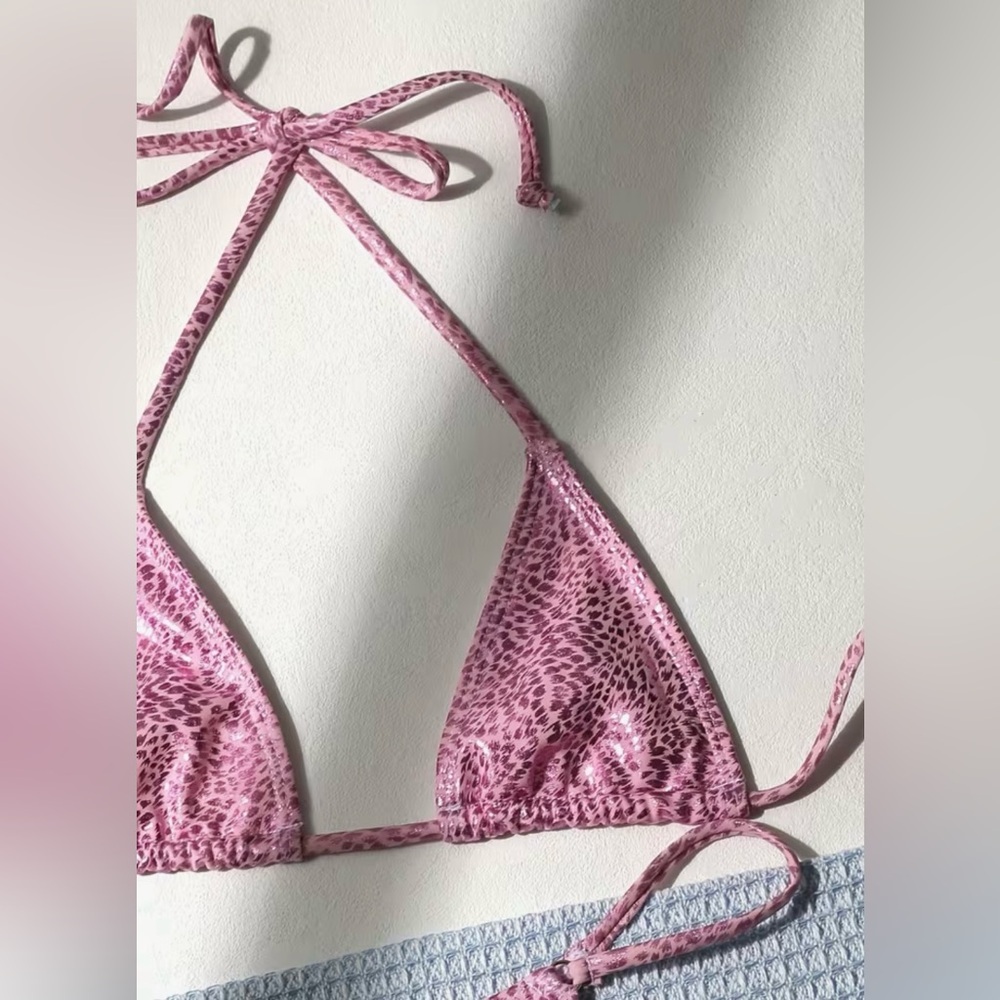 Pink Animal Print Halter Thong Bikini Set - Picture 6 of 10
